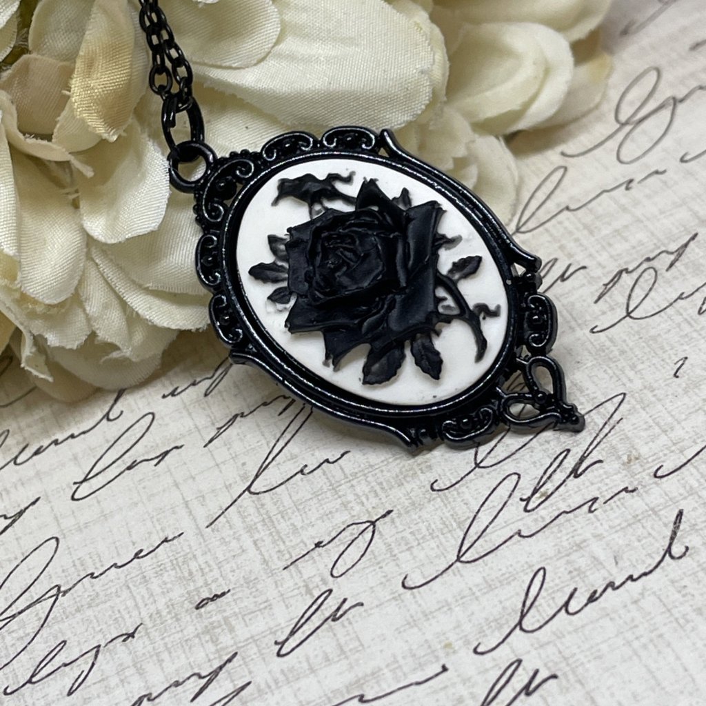 Halloween Gothic Viking Birthday Bridal Necklace Black White Rose Cameo Jewelry